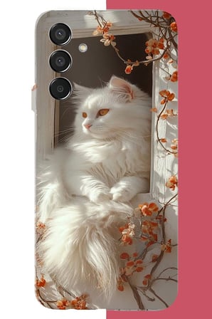 Samsung Galaxy M15 Uyumlu penceredeki beyaz kedi Baskılı Silikon Kılıf