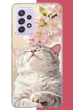 Samsung Galaxy A72 Uyumlu pembe yapraklı kedi Baskılı Silikon Kılıf