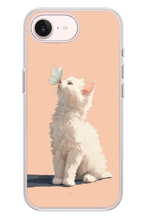 İphone 17e Uyumlu Beyaz Kelebekli Kedi Baskılı Silikon Kılıf
