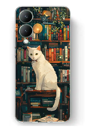 Vivo Y17s Uyumlu Kitaplık Beyaz Kedi Tasarımlı Baskılı Silikon Kılıf