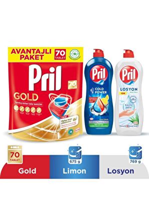 Pril Gold Limon Kokulu 70 Yıkama Tablet Bulaşık Makinesi Deterjanı 70 Adet & Elde Bulaşık Yıkama Deterjanı 675 g + Losyon 679 g 