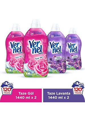 Vernel Max Taze Gül & Taze Lavanta Beyazlar ve Renkliler İçin Konsantre Yumuşatıcı 4 x 1440 ml 240 Yıkama