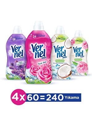 Vernel Max Naturals Şakayık & Beyaz Çay & Hindistan Cevizi & Taze Gül & Taze Lavanta Beyazlar ve Renkliler İçin Konsantre Yumuşatıcı 4 x 1440 ml 240 Yıkama