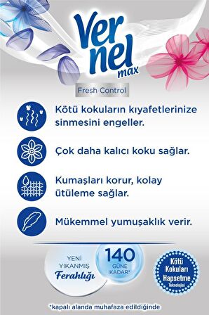 Vernel Max Fresh Control Çiçek Ferahlığı Beyazlar ve Renkliler İçin Konsantre Yumuşatıcı 2 x 1320 ml 110 Yıkama