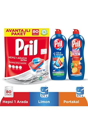 Pril Hepsi Bir Arada Limon Kokulu 80 Yıkama Tablet Bulaşık Makinesi Deterjanı 80 Adet & Elde Bulaşık Yıkama Deterjanı Limonlu ve Portakallı 2x675 ml 