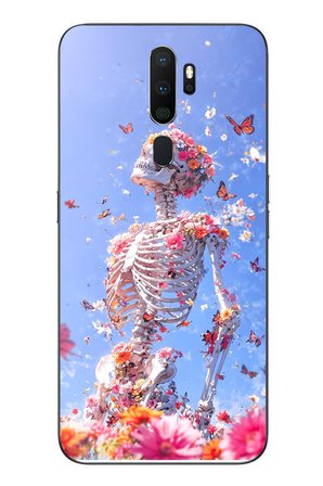 Oppo A5 2020 Uyumlu İskelet Çiçekleri Baskılı Silikon Kılıf