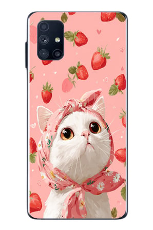 Samsung Galaxy M51 Uyumlu Örtülü Kedi Çilekli Baskılı Silikon Kılıf