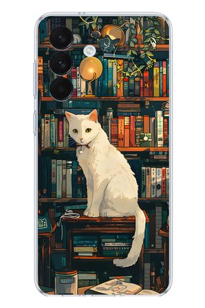 Samsung Galaxy S26+ PLUS Uyumlu Kitaplık Beyaz Kedi Tasarımlı Baskılı Silikon Kılıf
