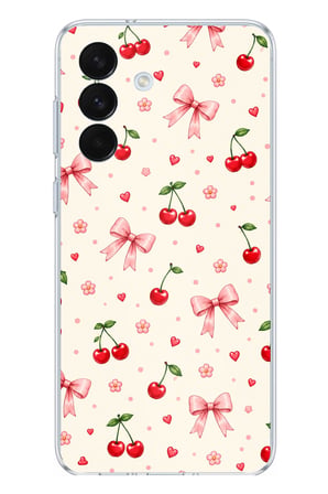 Samsung Galaxy S26+ PLUS Uyumlu Pembe Fiyonklu Ve Kiraz Desenli Krem Baskılı Silikon Kılıf