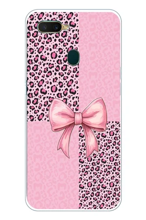 Oppo A5S-AX7-A12 Uyumlu Pembe Leopar Desenli ve Kurdele Baskılı Silikon Kılıf