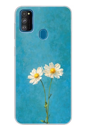 Samsung Galaxy M30S/M21 Uyumlu İki Beyaz Çiçek Tasarımlı Turkuaz Baskılı Silikon Kılıf