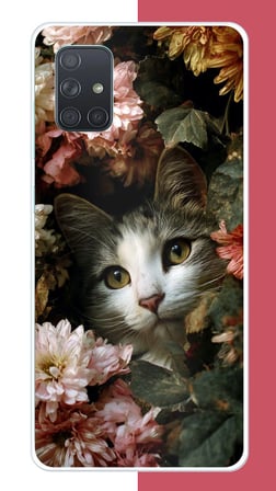 Samsung Galaxy A71 Uyumlu çiçeklere gizlenen kedi Baskılı Silikon Kılıf