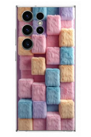 Samsung Galaxy S23 Ultra Uyumlu Pembe Tüylü Kareler Baskılı Silikon Kılıf