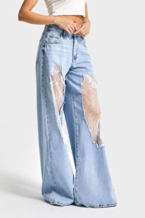 Kadın Kot rengi 12s5-27 Palazzo Fit Şeffaf Tül Dantel Detaylı %100 Koton Özel Tasarım Denim Jean