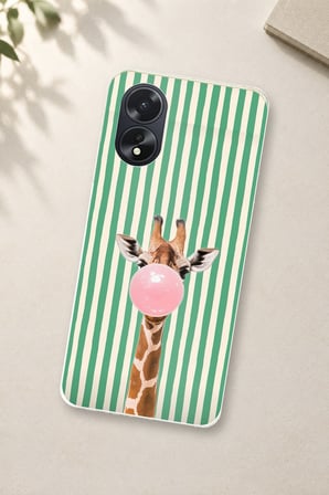 Oppo A38 Uyumlu Yeşil Çizgili Sakız Şişiren Zürafa Baskılı Silikon Kılıf