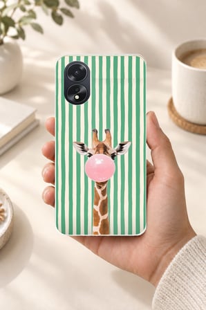 Oppo A38 Uyumlu Yeşil Çizgili Sakız Şişiren Zürafa Baskılı Silikon Kılıf