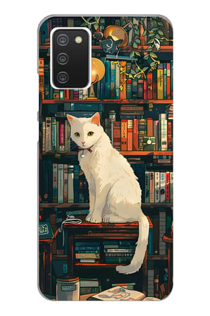 Samsung Galaxy A02S Uyumlu Kitaplık Beyaz Kedi Tasarımlı Baskılı Silikon Kılıf