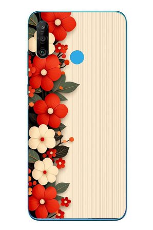 Huawei P30 Lite Uyumlu Kırmızı Beyaz Çiçekler Baskılı Silikon Kılıf