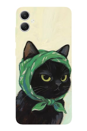 Samsung Galaxy A05 Uyumlu Babushka Yeşil Başörtülü Siyah Kedi Baskılı Silikon Kılıf