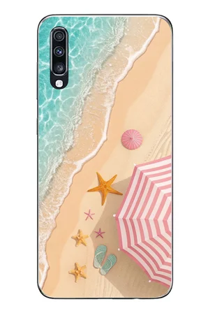 Samsung Galaxy A70 Uyumlu Pembe Şemsiyeli Sahil Baskılı Silikon Kılıf