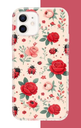 iPhone 12-12 PRO Uyumlu uğur böcek ve gül Baskılı Silikon Kılıf