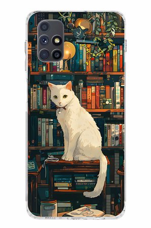 Samsung Galaxy M51 Uyumlu Kitaplık Beyaz Kedi Tasarımlı Baskılı Silikon Kılıf