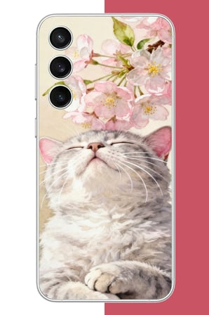 Samsung Galaxy S23 FE Uyumlu pembe yapraklı kedi Baskılı Silikon Kılıf