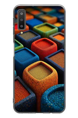 Samsung Galaxy A7 2018 Uyumlu Renkli Kare Puflar Baskılı Silikon Kılıf