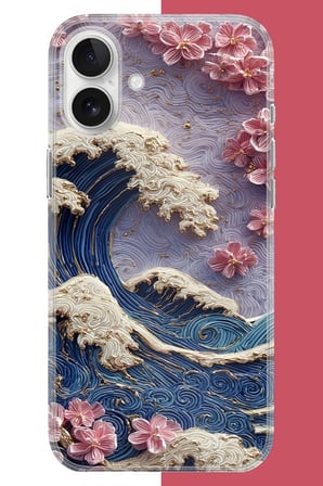 iPhone 17 Uyumlu mavi dalga ve pembe çiçekler Baskılı Silikon Kılıf