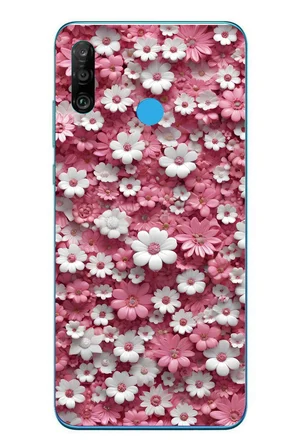 Huawei P30 Lite Uyumlu Beyaz Pembe Papatyalar Baskılı Silikon Kılıf