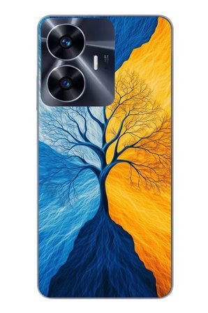 Realme C55 Uyumlu Sarı Mavi Ağaç Baskılı Silikon Kılıf