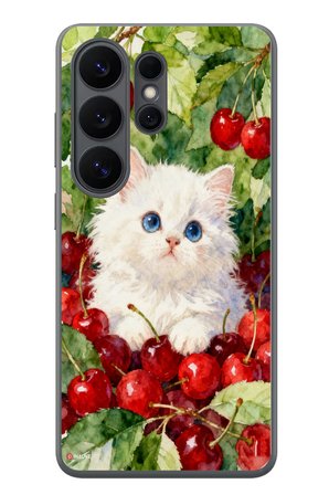 Samsung Galaxy S26 Ultra Uyumlu Kirazlı Kedi Baskılı Silikon Kılıf