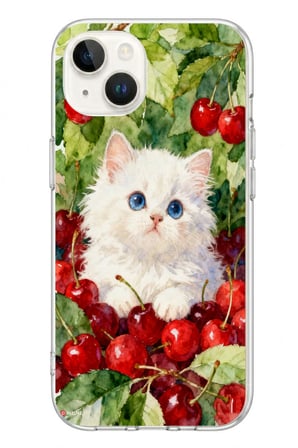 İphone 13/14 Uyumlu Kirazlı Kedi Baskılı Silikon Kılıf