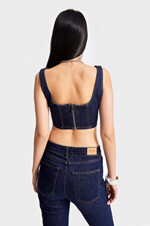 Kadın Lacivert Renk 19w5-33 Aksesuar Detaylı Askılı Esnek Kumaş Tasarım Denim Büstiyer