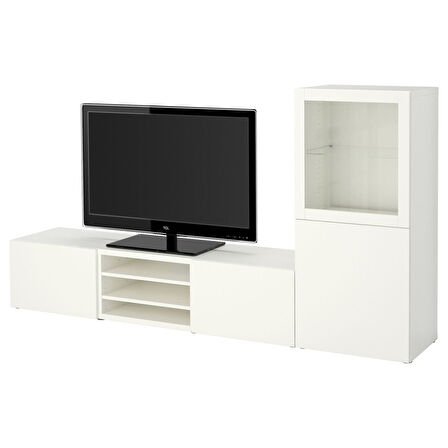 Tv ünitesi, beyaz-şeffaf cam, 240x42x129 cm, LAPPVIKEN/SINDVIK, çıt çıt raylı