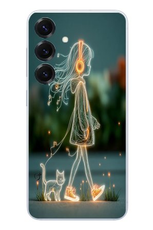 Samsung Galaxy S25 Uyumlu Kedili Neon Kız Baskılı Silikon Kılıf