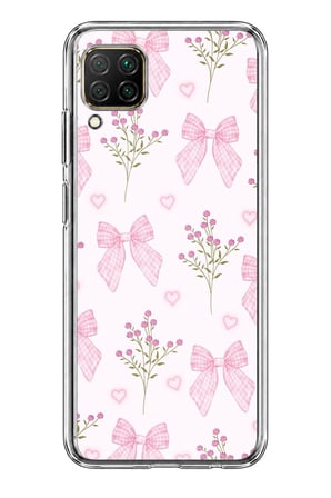Huawei P40 Lite Uyumlu Pembe Çiçek ve Fiyonklar Baskılı Silikon Kılıf