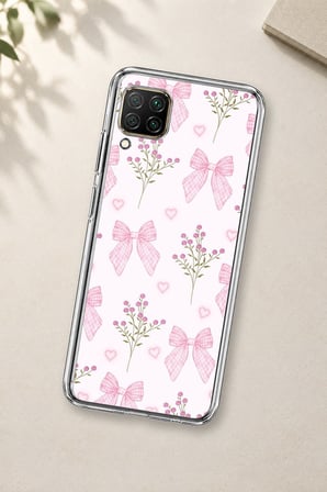 Huawei P40 Lite Uyumlu Pembe Çiçek ve Fiyonklar Baskılı Silikon Kılıf