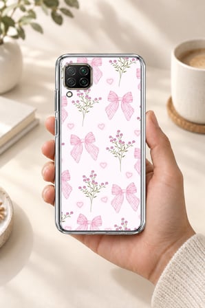 Huawei P40 Lite Uyumlu Pembe Çiçek ve Fiyonklar Baskılı Silikon Kılıf