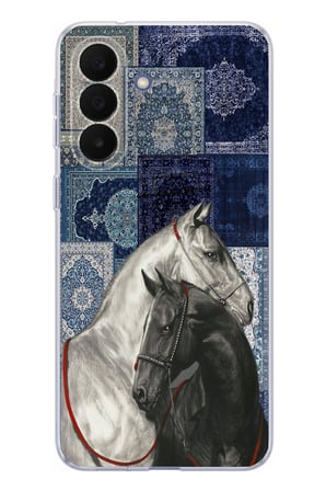 Samsung Galaxy A27 Uyumlu Mavi Kilim Desenli Siyah ve Beyaz At Baskılı Silikon Kılıf