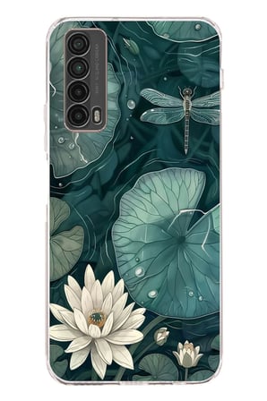 Huawei P Smart 2021 Uyumlu Yeşil Yapraklı Nilüfer ve Yusufçuk Baskılı Silikon Kılıf