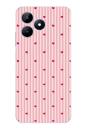 Realme Note 50 Uyumlu Pembe Çizgili ve Mini Kalp Baskılı Silikon Kılıf