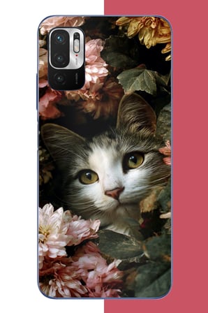 Redmi Note 10 5G Uyumlu çiçeklere gizlenen kedi Baskılı Silikon Kılıf