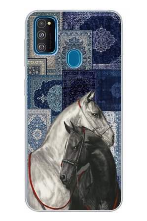 Samsung Galaxy M30S/M21 Uyumlu Mavi Kilim Desenli Siyah ve Beyaz At Baskılı Silikon Kılıf