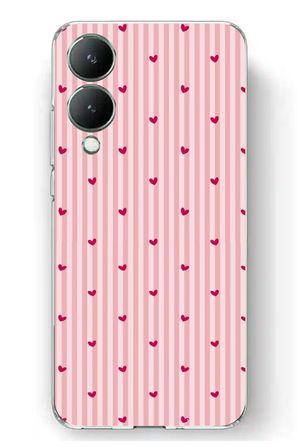 Vivo Y17s Uyumlu Pembe Çizgili ve Mini Kalp Baskılı Silikon Kılıf