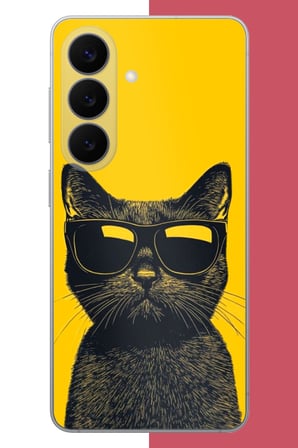 Samsung Galaxy S26 Uyumlu Sarı Fondaki Havalı Kedi Baskılı Silikon Kılıf