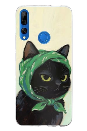 Honor 9X Uyumlu Babushka Yeşil Başörtülü Siyah Kedi Baskılı Silikon Kılıf