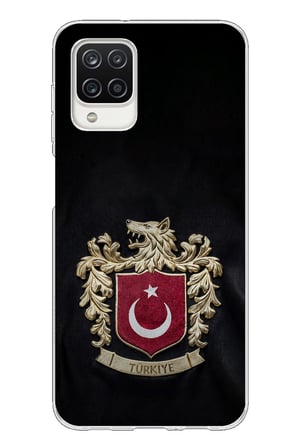 Samsung Galaxy A12-M12 Uyumlu Türk Sembolü Kurt ve Bayrak Desenli Baskılı Silikon Kılıf