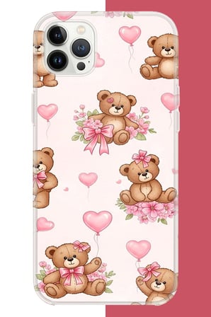 iPhone 12 PRO MAX Uyumlu fiyonklu peluş ayıcık Baskılı Silikon Kılıf