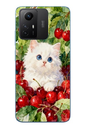 Redmi Note 12S Uyumlu Kirazlı Kedi Baskılı Silikon Kılıf